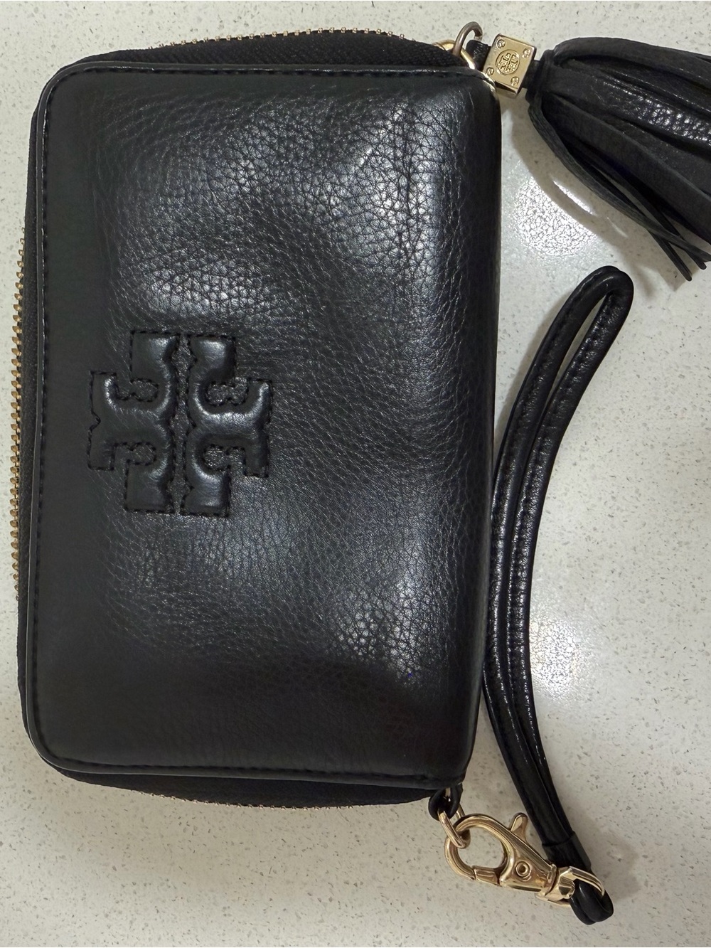 Tory Burch Black Leather Tassel Zip Wristlet